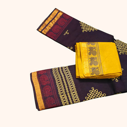 Dark Plum Sungudi Kolam Cotton Saree with Mustard Yellow Blouse Piece