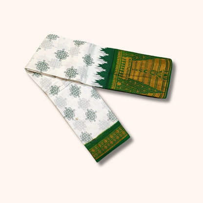 White Cotton Saree with Bottle Green Temple Border – Without Blouse