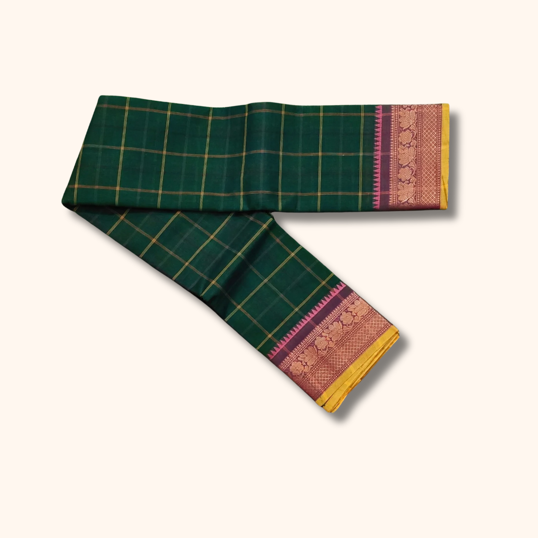 Emerald Green Chettinad Cotton Saree with Traditional Contrast Border