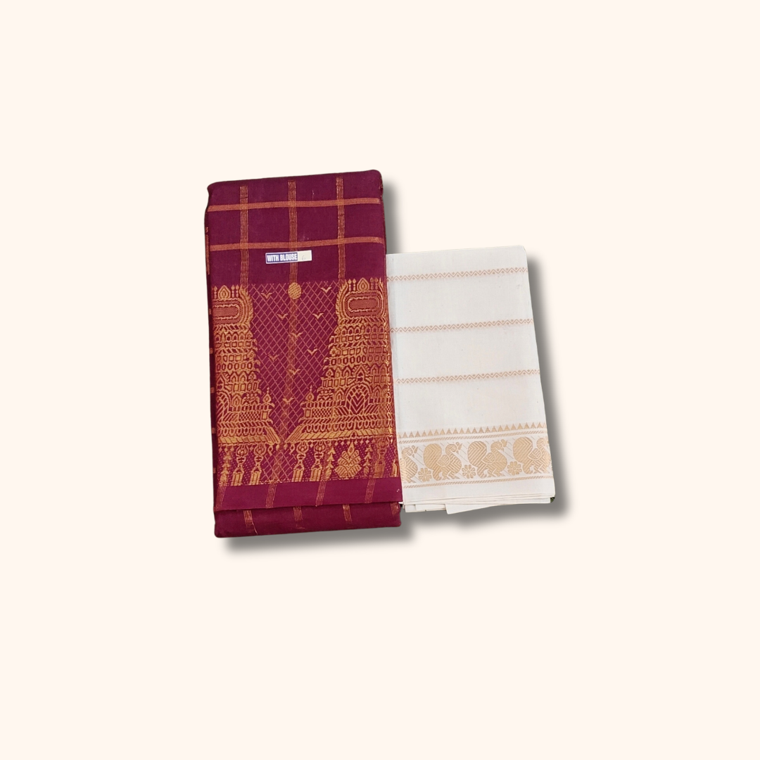 Maroon Checked Cotton Saree with Gold Zari & White Blouse