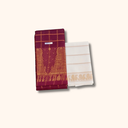 Maroon Checked Cotton Saree with Gold Zari & White Blouse