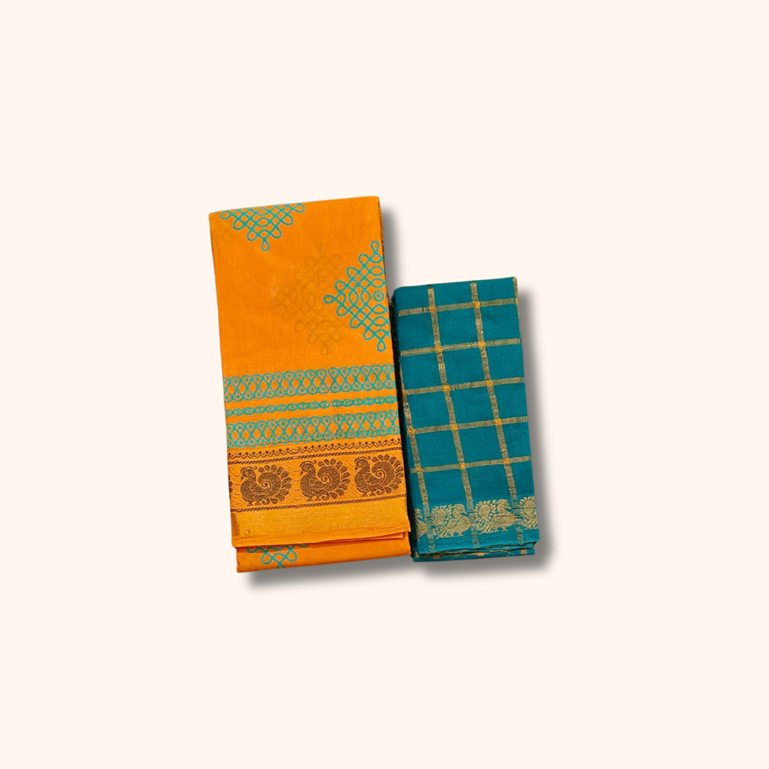 Mustard Yellow Kolam Design Cotton Saree with Teal Blue Blouse Piece