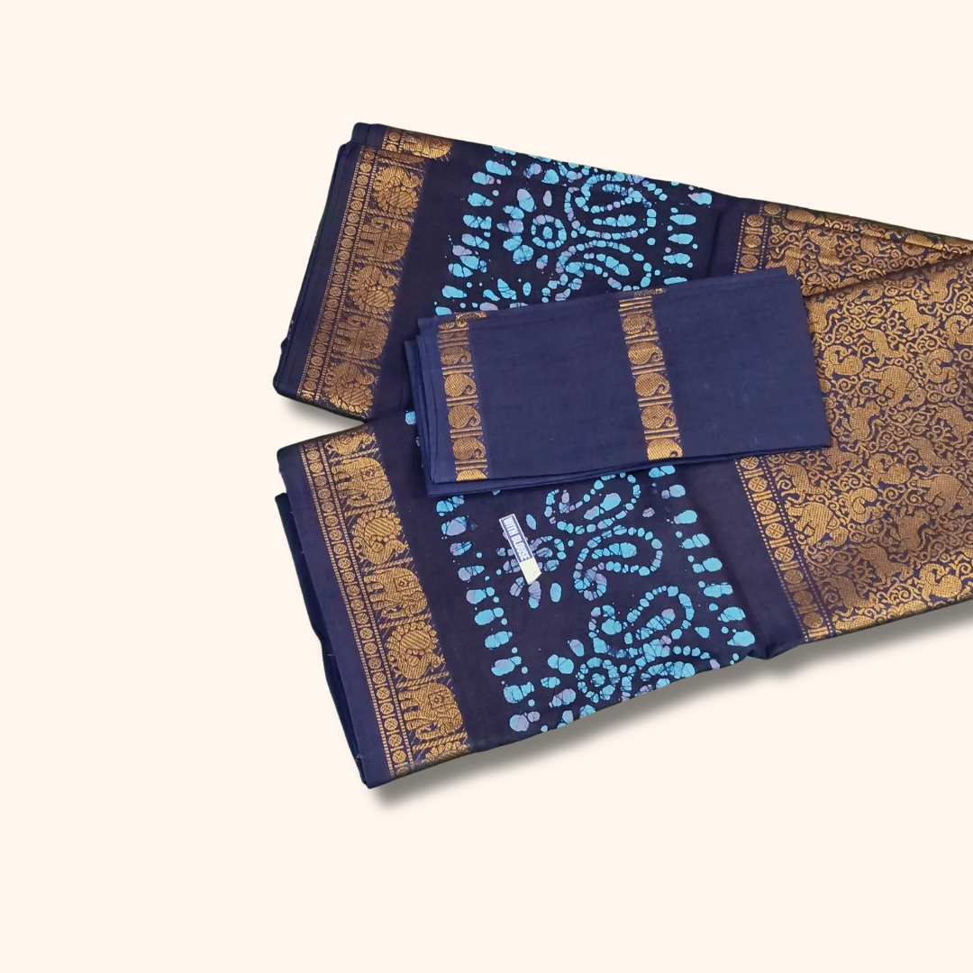 Navy Blue Batik Design Sungudi Cotton Saree with Elephant Zari Border & Separate Blouse Piece