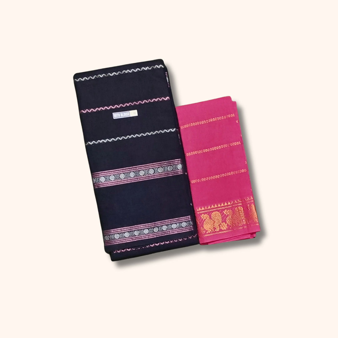Midnight Blue Cotton Saree with Contrast Pink Blouse