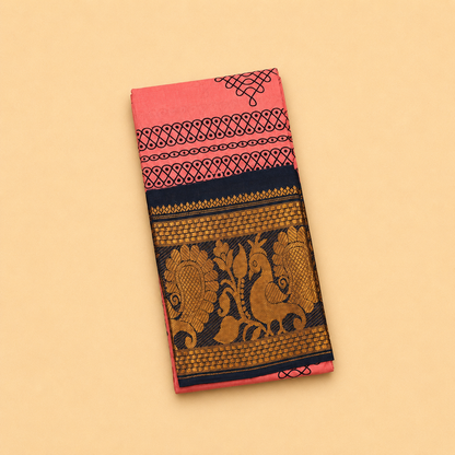 Coral Pink Printed Cotton Saree with Navy Blue Traditional Border