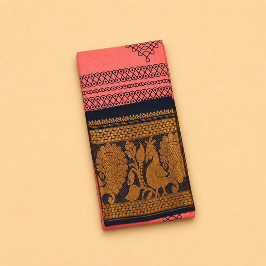 Coral Pink Printed Cotton Saree with Navy Blue Traditional Border