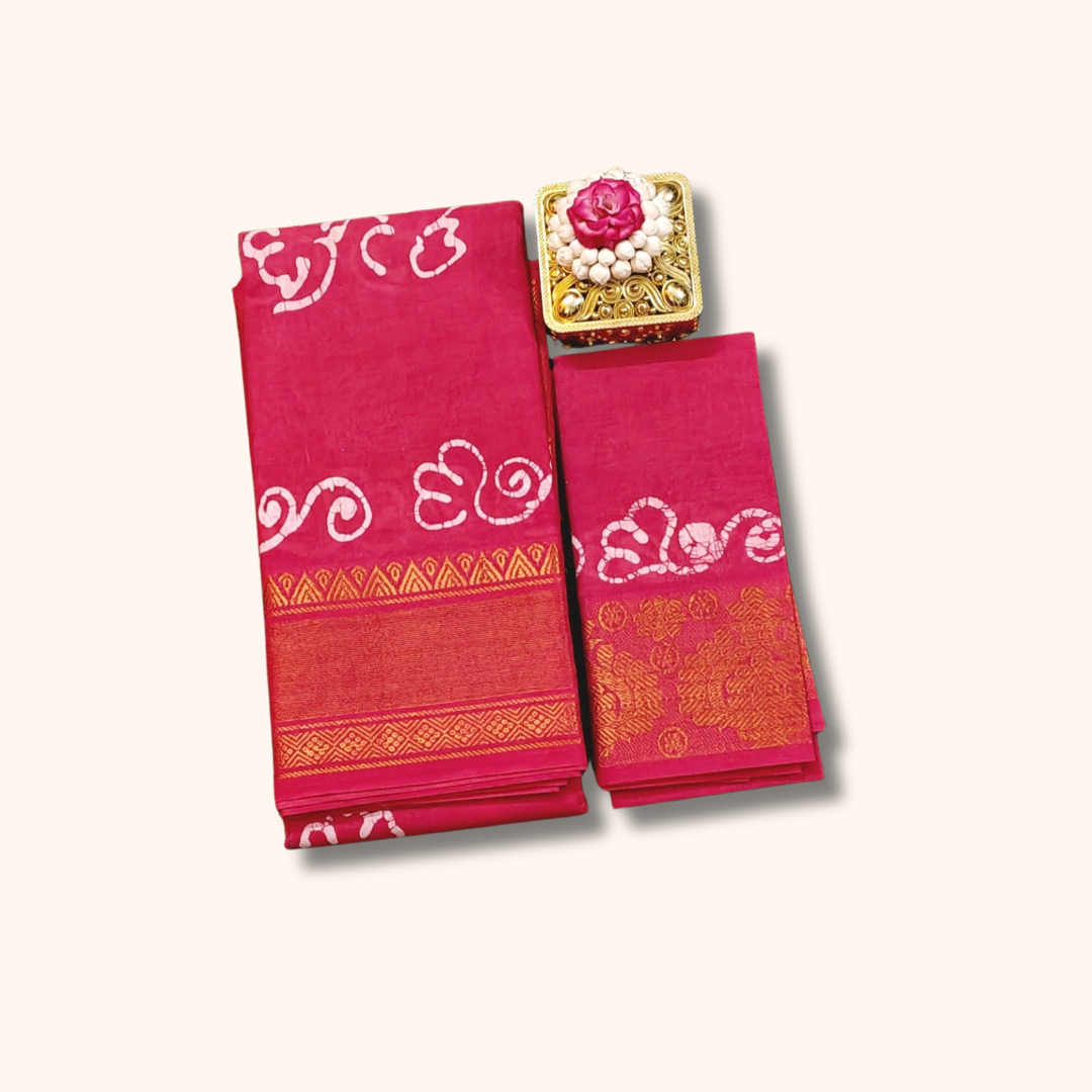 Reddish Pink Sungudi Cotton Saree with Batik Design & Zari Border