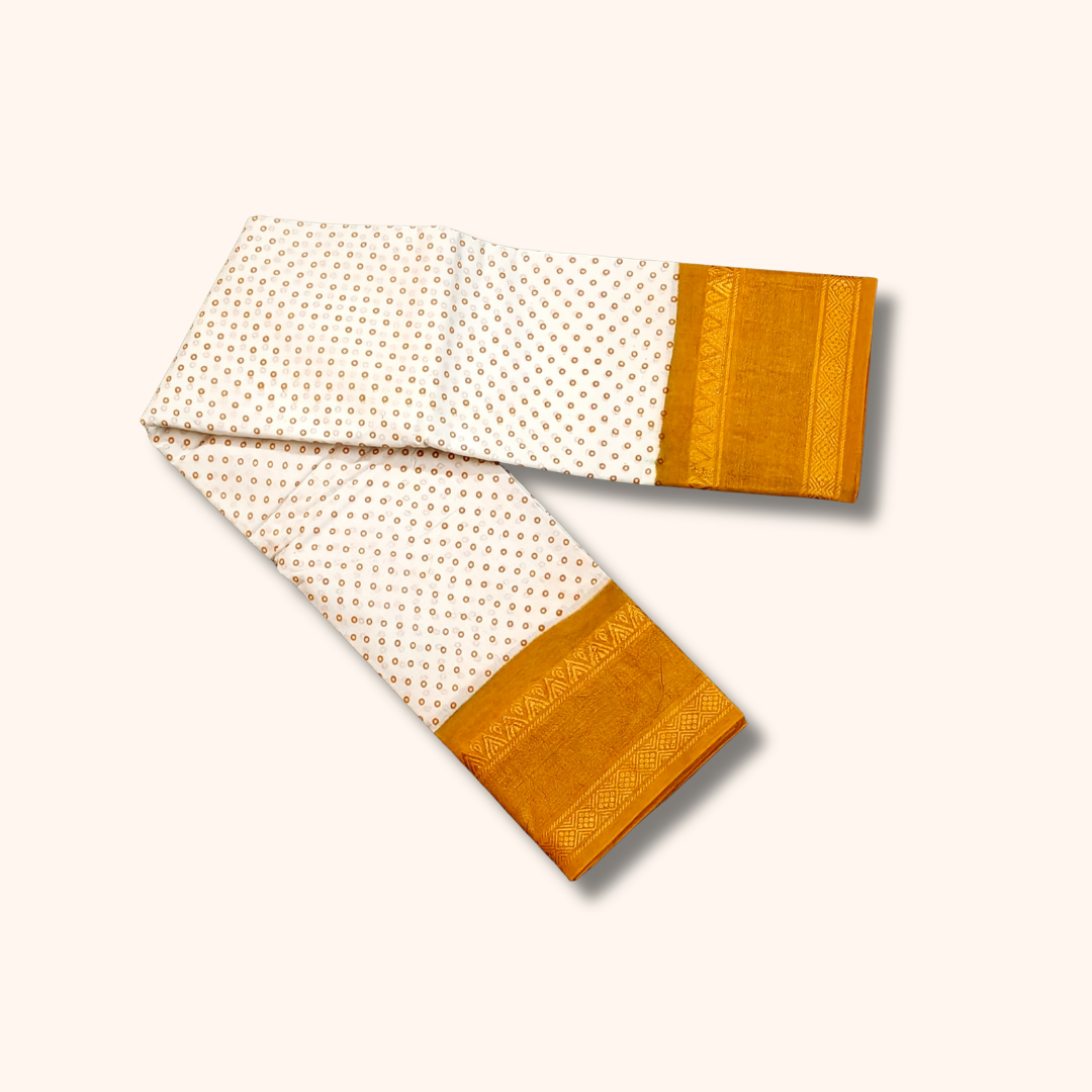 Off-White & Mustard Yellow Sungudi Cotton Saree with Tiny Dot Pattern & Zari Border