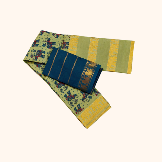 Pista Green Printed Sungudi Cotton Saree with Gold Zari Elephant Border 120s Count