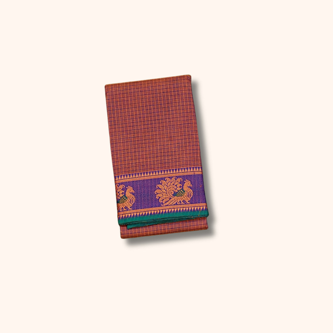 Brown Checked Cotton Saree with Purple & Green Zari Border