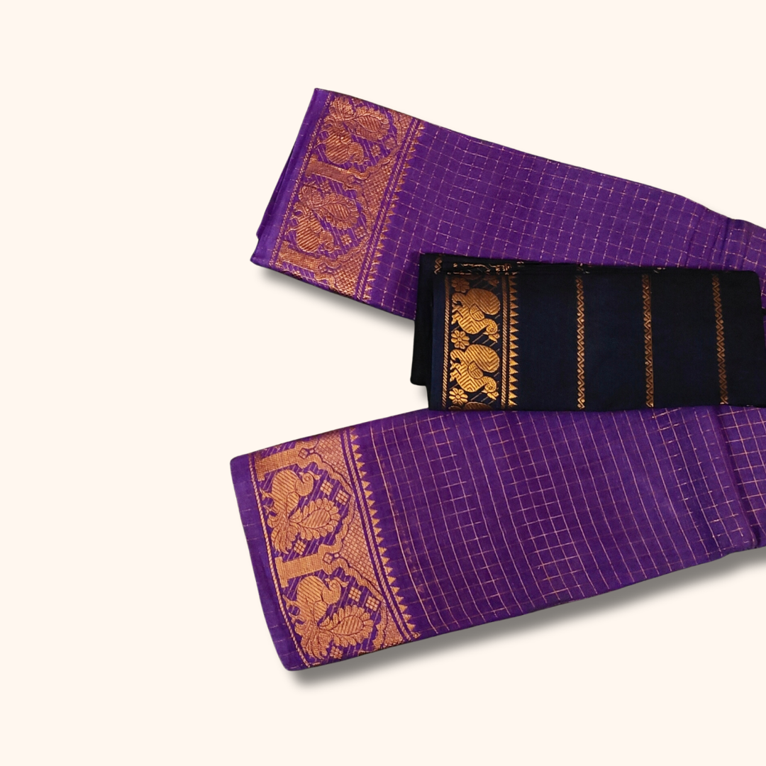 Purple Checked Cotton Saree with Golden Peacock Border