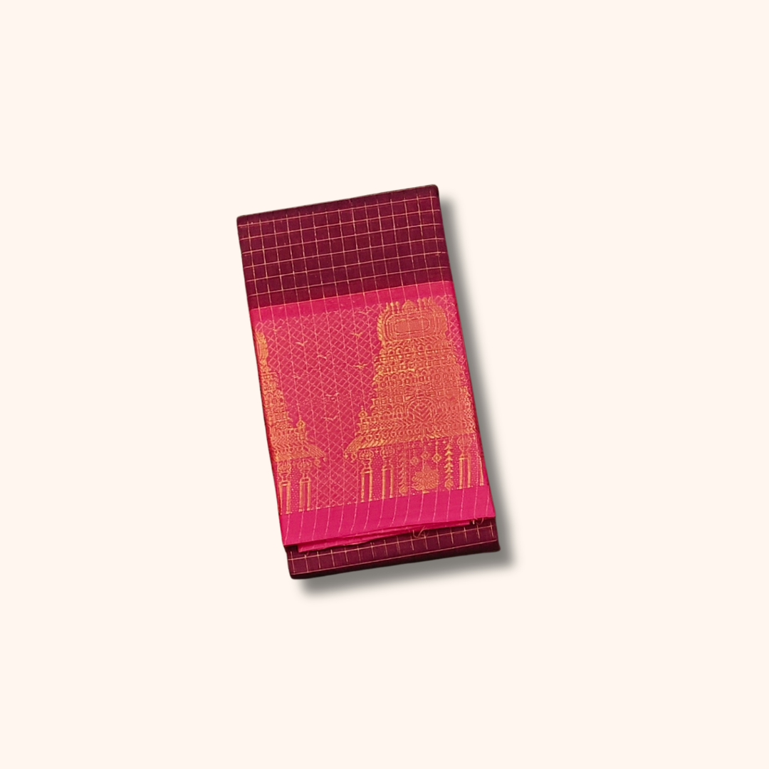 Maroon Chettinad Cotton Saree with Gopuram Border