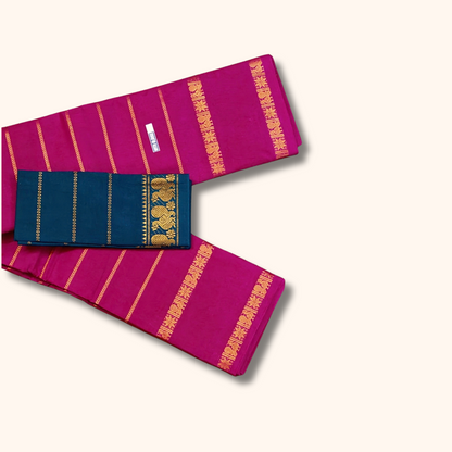 Magenta Cotton Saree with Gold Zari Stripes & Traditional Border – Navy Blue Blouse
