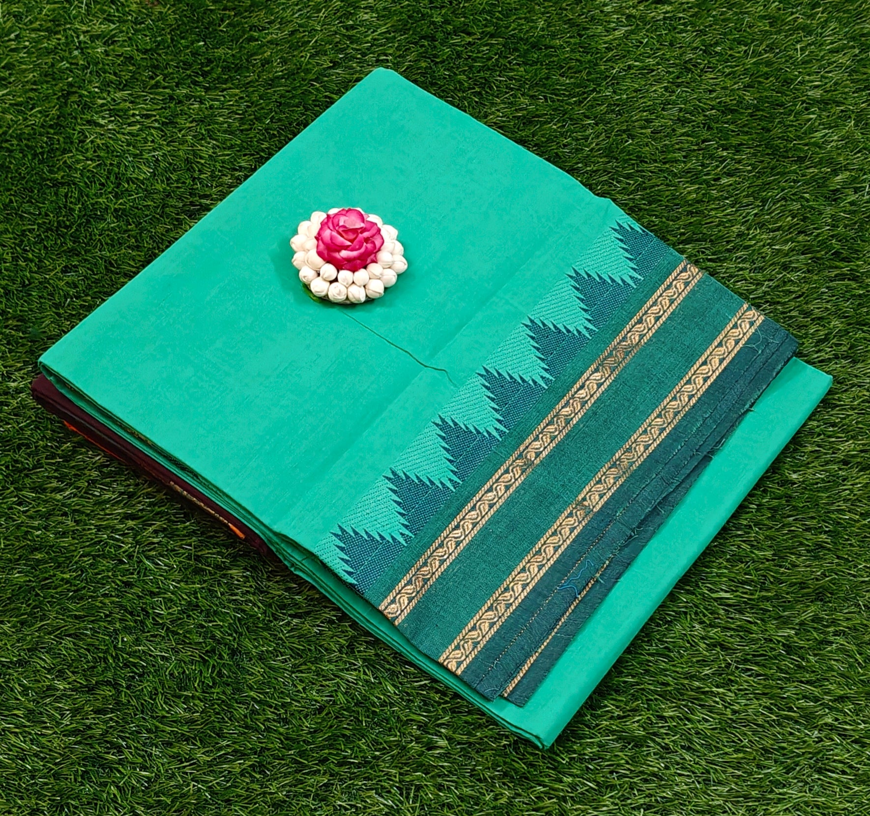 Sea Green Chettinad Cotton Saree with Classic Temple Border