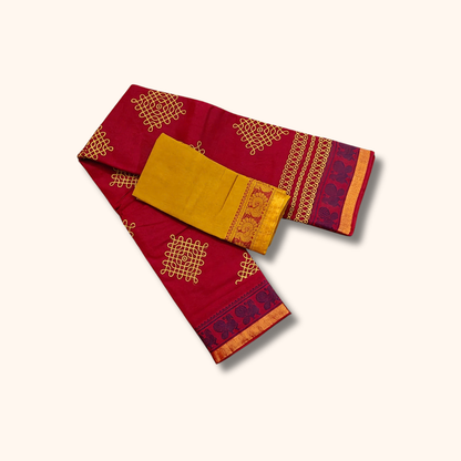 Maroon Kolam Design Cotton Saree with Mustard Yellow Blouse Piece