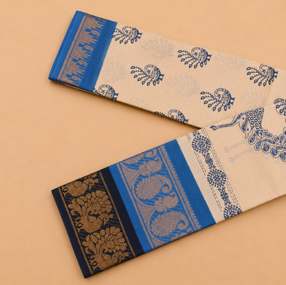 Cream Sungudi Cotton Saree with Royal Blue Double Border & Peacock Print Design