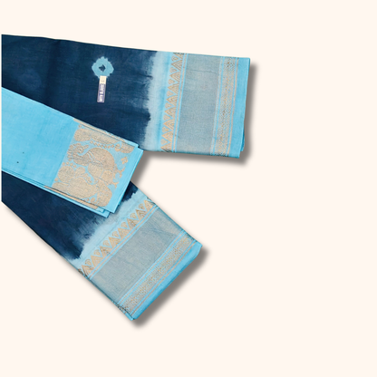 Navy Blue & Sky Blue Cotton Saree with Silver Zari Border