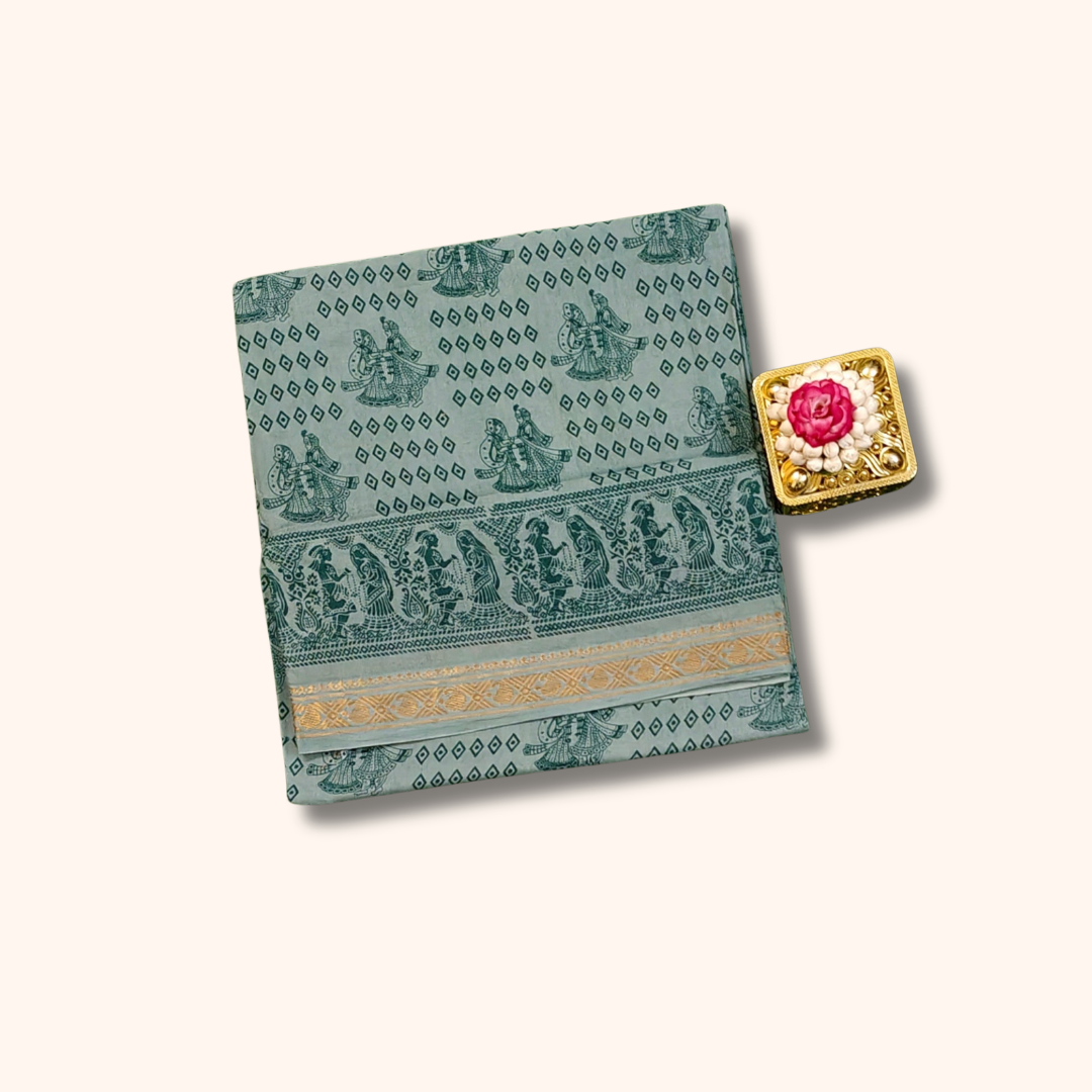 Authentic Grey Printed Cotton Saree with Traditional Art Border