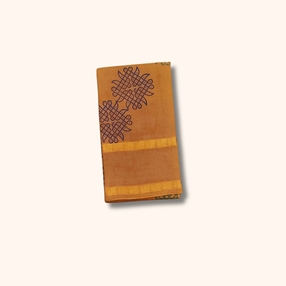 Mustard Yellow Cotton Saree with Traditional Kolam Motifs and Gold Border – Running Blouse