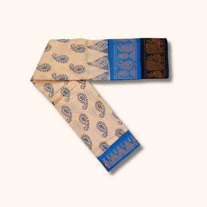 Cream Paisley Double Border Sungudi Cotton Saree – Royal Blue Peacock Border