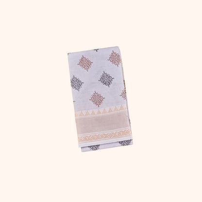 Light Blueish Grey Sungudi Cotton Saree with Kolam Print & Gold Zari Border