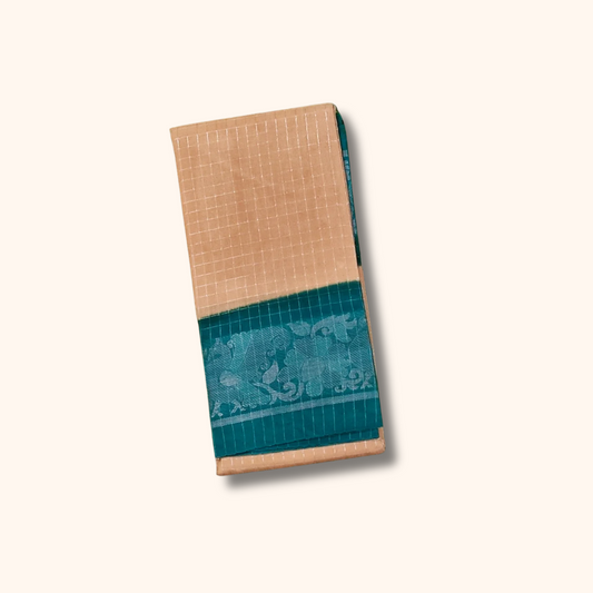 Beige Chettinad Cotton Saree with Teal Green Contrast Border