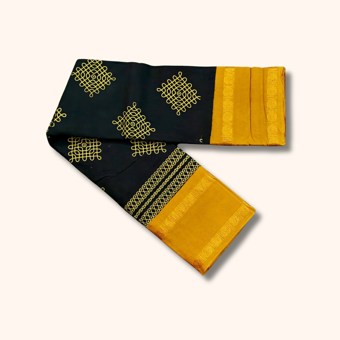 Black Kolam Cotton Saree with Mustard Yellow Border – Running Blouse