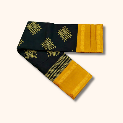 Black Kolam Cotton Saree with Mustard Yellow Border – Running Blouse