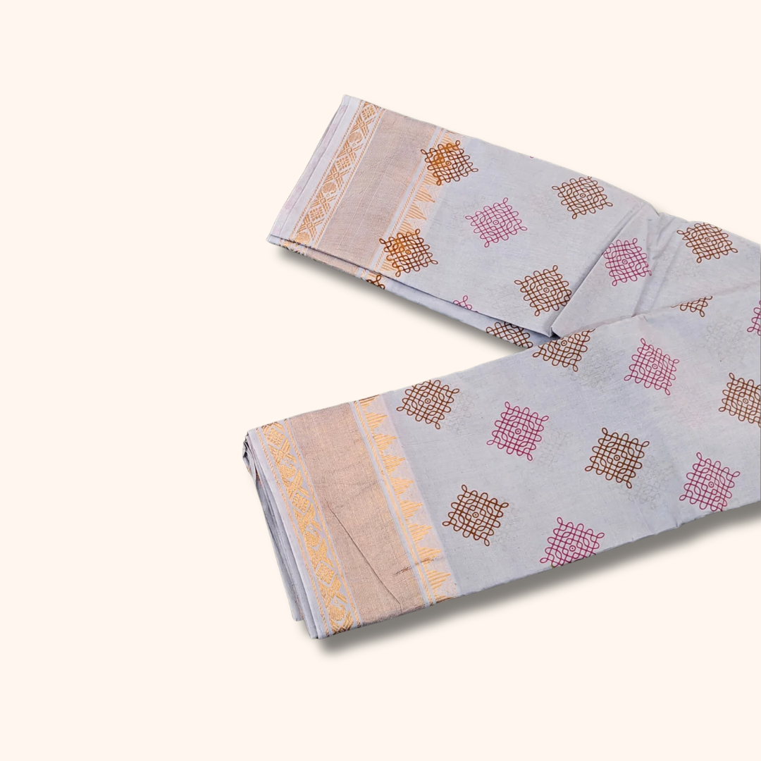 Light Blueish Grey Sungudi Cotton Saree with Kolam Print & Silver Zari Border