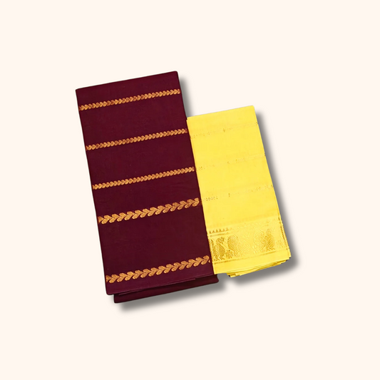 Maroon Cotton Saree with Contrast Lemon Yellow Blouse