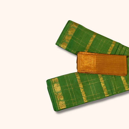 Green Pure Sungudi Cotton Saree with Gold Zari Checks & Separate Blouse Piece