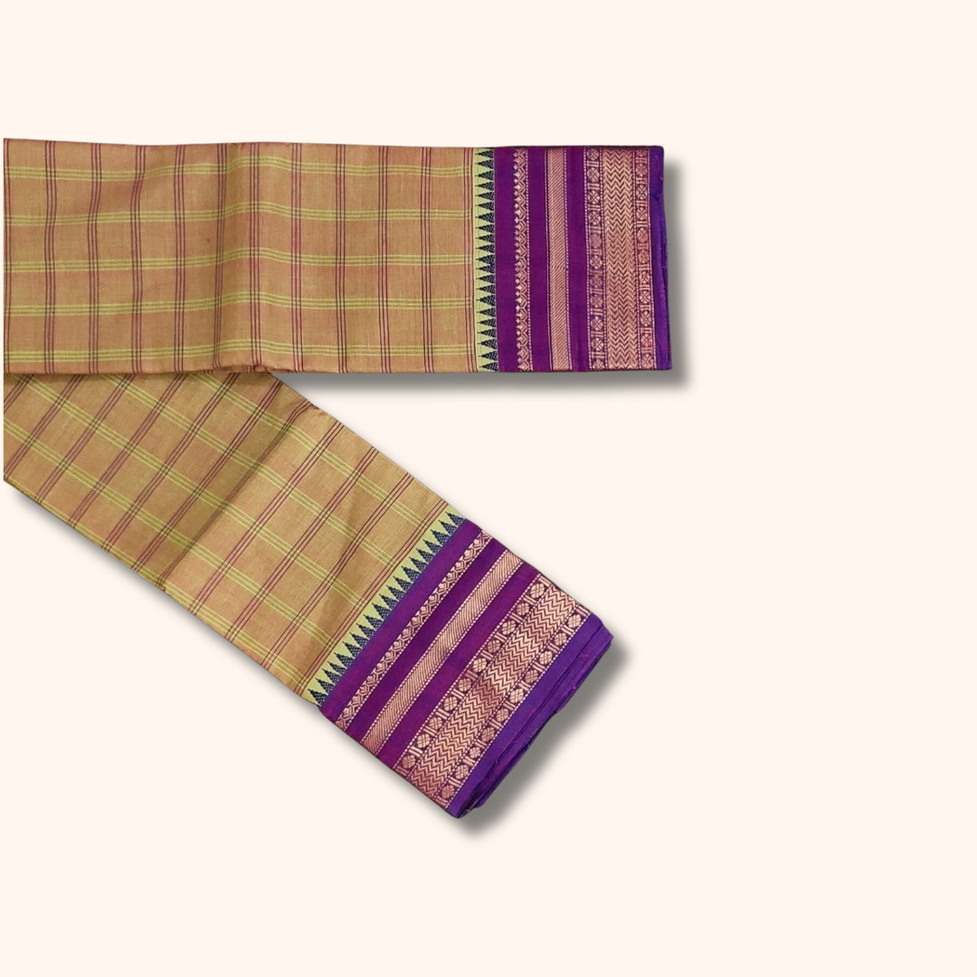 Beige Checked Chettinad Cotton Saree with Purple Zari Border