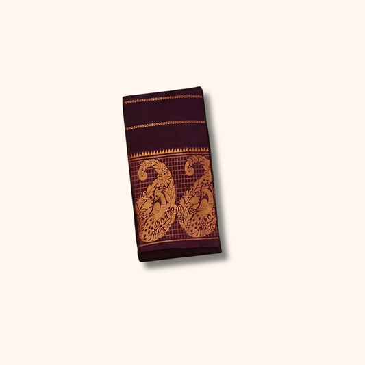 Dark Coffee Brown Cotton Saree with Gold Peacock Border – Running Blouse
