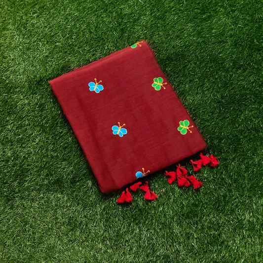 Mulmul Cotton Saree in Maroon with Butterfly Motifs & Tassel Pallu