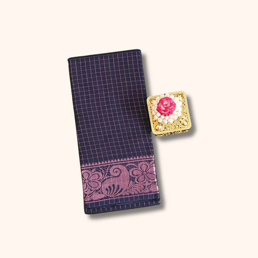Navy Blue Cotton Saree with Checks Pattern & Copper Zari Border