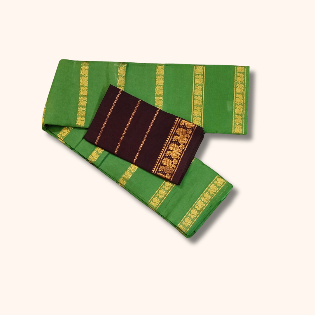 Parrot Green Cotton Saree with Gold Zari Stripe Border & Separate Maroon Blouse