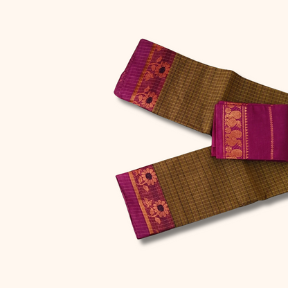 Brown Checked Chettinad Cotton Saree with Magenta Floral Border