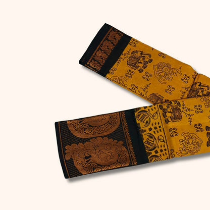 Mustard Yellow Pure Sungudi Cotton Saree with Black Traditional Printed Border – No Blouse