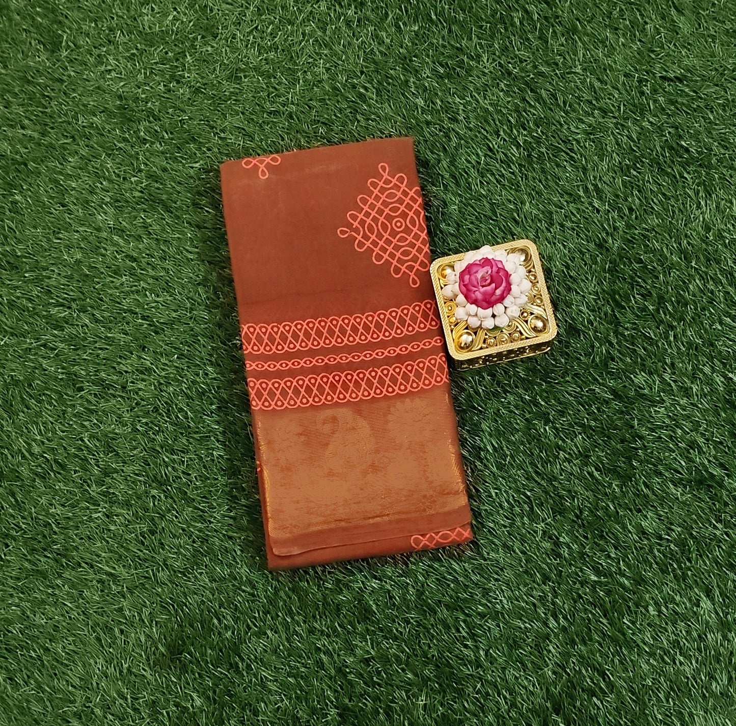Rust Orange Sungudi Cotton Saree with Kolam Motifs & Paisley Zari Border
