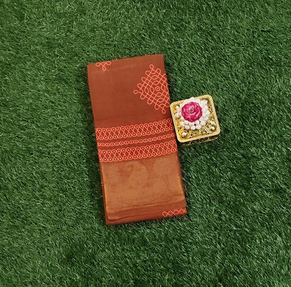 Rust Orange Sungudi Cotton Saree with Kolam Motifs & Paisley Zari Border