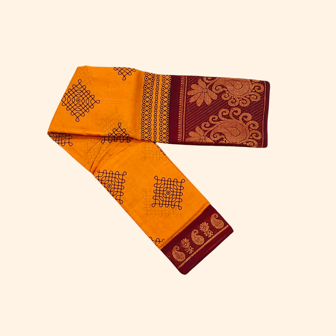 Mustard Yellow Kolam Cotton Saree with Maroon Border