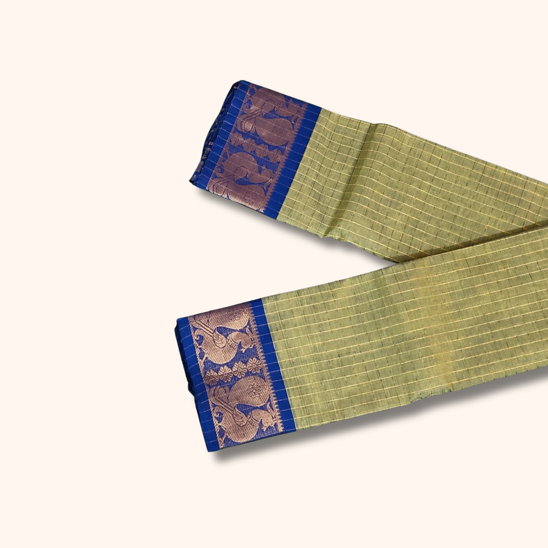 Olive Green Chettinad Cotton Saree with Blue Peacock Zari Border Without Blouse
