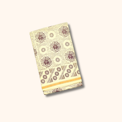 120s Count Vayal Cotton Saree in Off White with Brown Geometric Floral Print