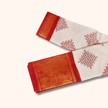 White Kolam Design Saree with rust orange & Golden Zari Border – No Blouse