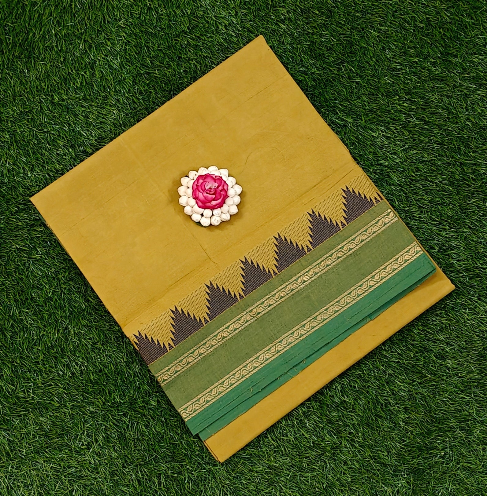 Mustard Yellow Chettinad Cotton Saree with Green Temple Border