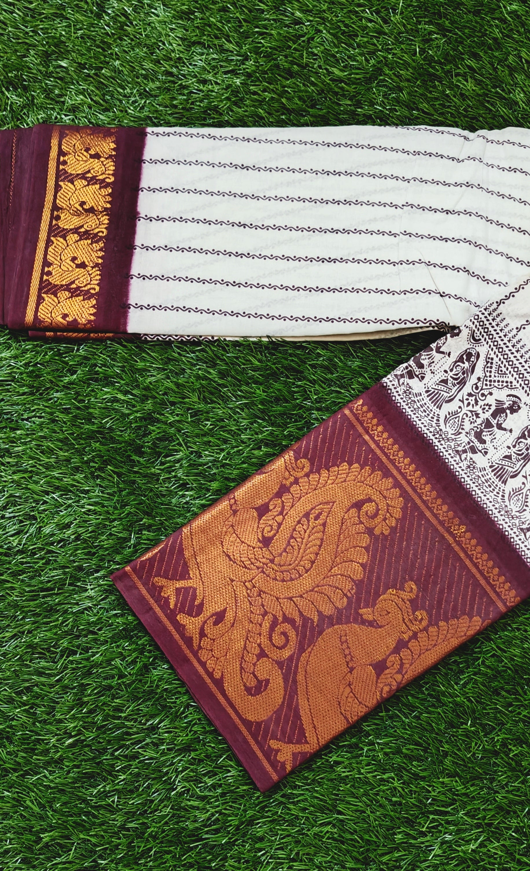 Off-White Cotton Saree with Maroon Traditional Zari Border & Rich Pallu