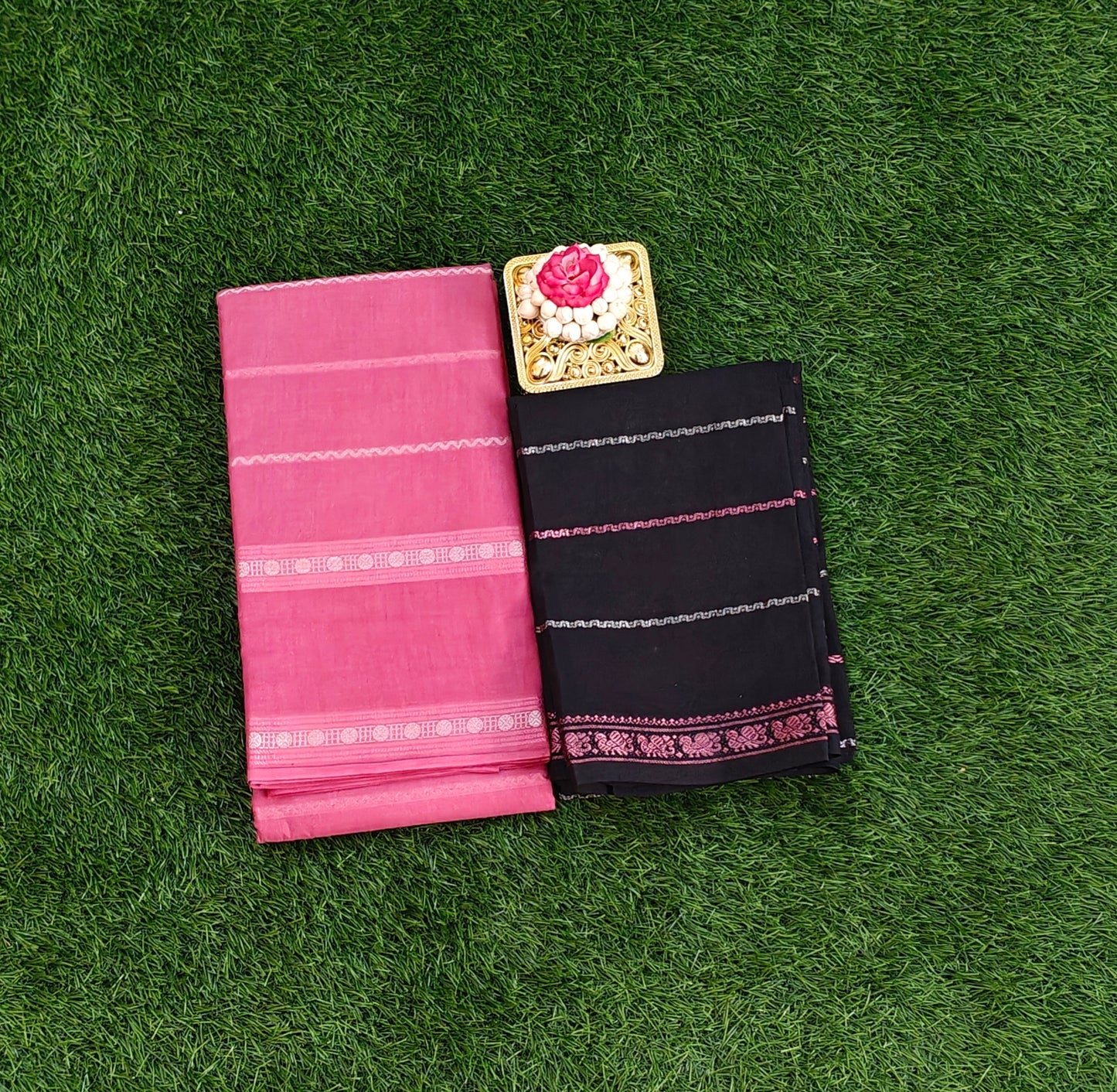 Classic Pink Saree with Black Blouse - Silver Zari Border