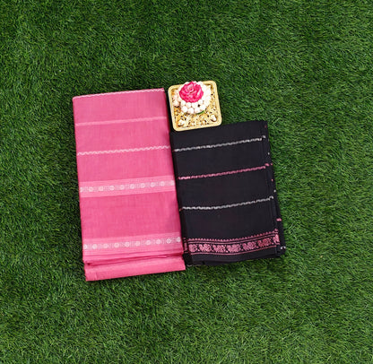 Classic Pink Saree with Black Blouse - Silver Zari Border