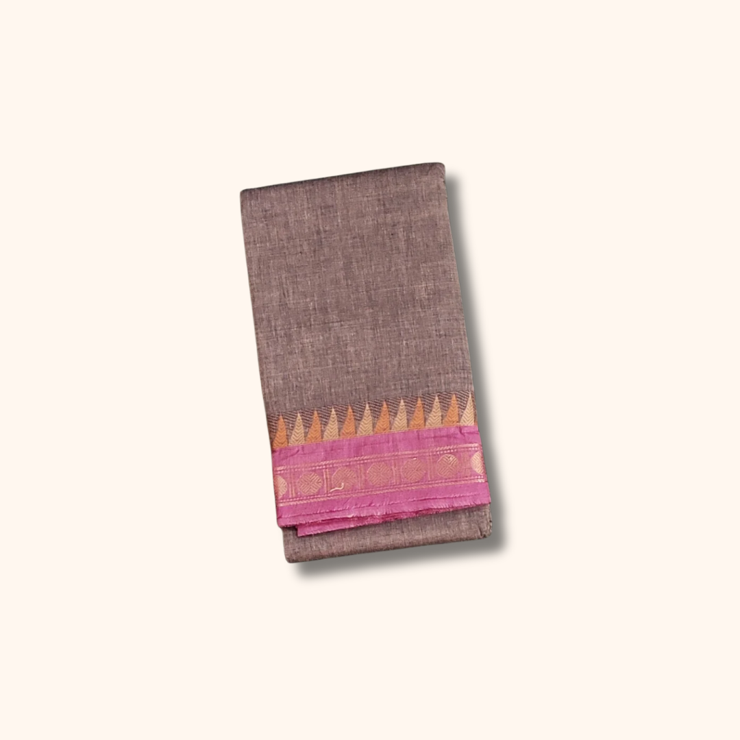 Elegant Grey Chettinad Cotton Saree with Pink Temple Border