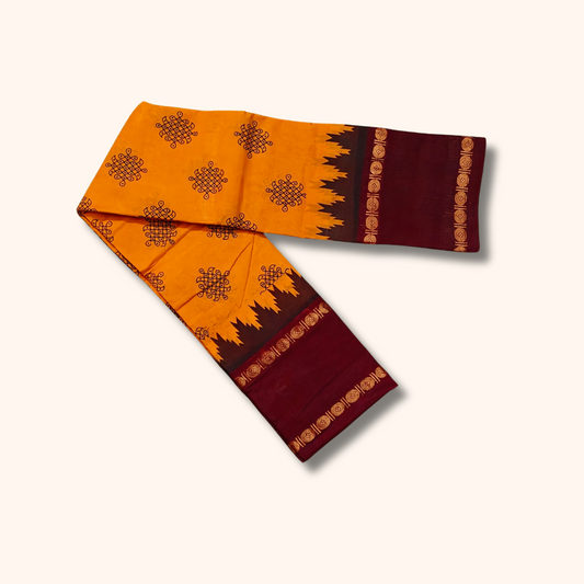 Mustard Yellow & Maroon Kolam Design Sungudi Cotton Saree with Zari Border